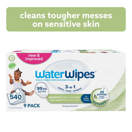 WaterWipes Sensitive Baby & Toddler Wipes, 3-In-1 Cleans, Cares, Protects, 99.9% Water, Textured Clean, Unscented & Hypoallergenic, 9 Packs (540 Wipes)