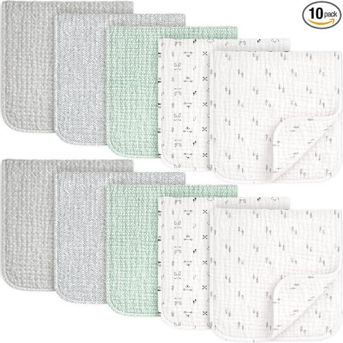 KeaBabies Organic Muslin Burp Cloths Baby Boy, Girl – 10-Pack 100% Cotton Muslin Burping Cloths for Babies, Newborn, 21x10 Large & Absorbent Spit Up Rags, Baby Washcloth, Infant Towels (Nordic)
