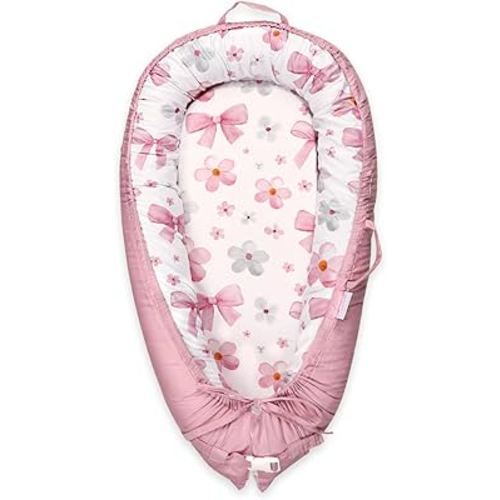 Hooyax Baby Lounger Cover Only, 100% Cotton Newborn Nest Cover, Soft Portable Baby Nest Replacement Cover for Boys Girls, Breathable Infant Lounger Covers, Baby Essential (Bow Flower)