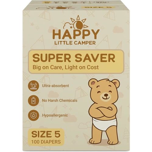 Happy Little Camper Super Saver Diapers, Size 5, 100 Count | Budget-Friendly Disposable Baby Diapers for Sensitive Skin | Hypoallergenic, Fragrance-Free, Ultra Absorbent
