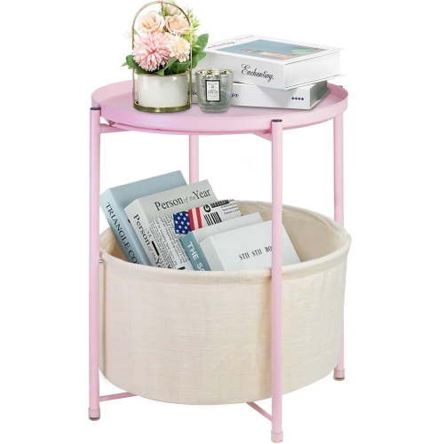 CERBIOR Round Side End Table, Modern Nightstand with Fabric Basket,Pink