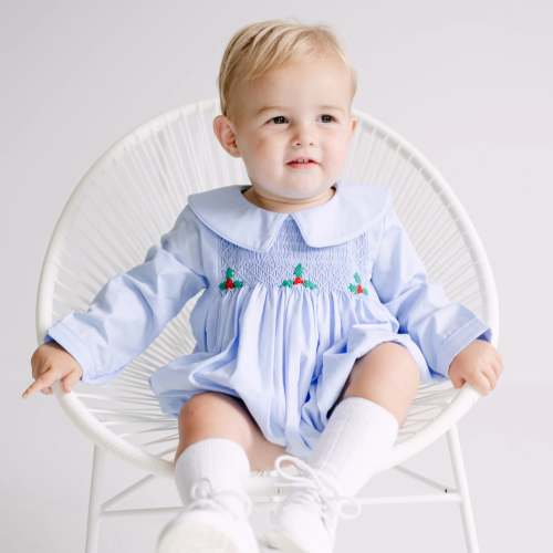Boys Blue Smocked Holly Collared Bubble – Little Bear Smocks
