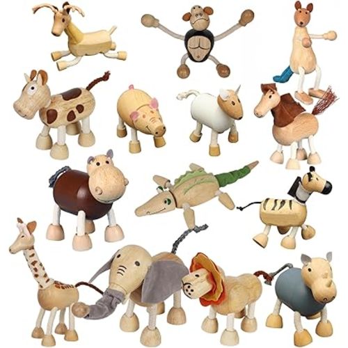 14 Pack Bendable Wooden Animal Toys, Smooth Natural Wood Zoo Farm Jungle Safari Animals Figures, Preschool Learning & Education Toys for Toddlers Kids