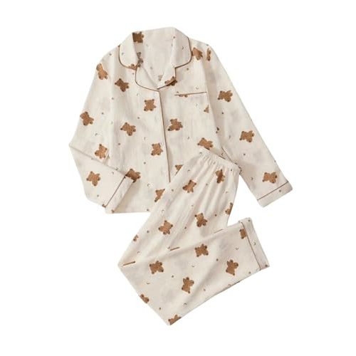 BEAUDRM Women's 2 Piece Pj Set Cherry Print Pajama Long Sleeve Button Up Collar Tops and Pants Nightwear Sleepwear Lounge Set