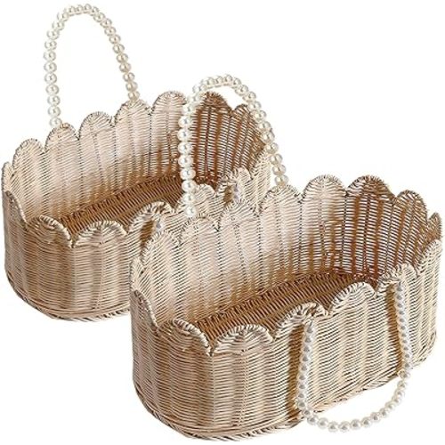 Set of 2 Scalloped Basket, Wicker Storage Baskets, Hand Woven Baskets for Shelves,Natural Baskets for Organizing (Rattan(Ellipse-16"L x 10"W x 7"H))