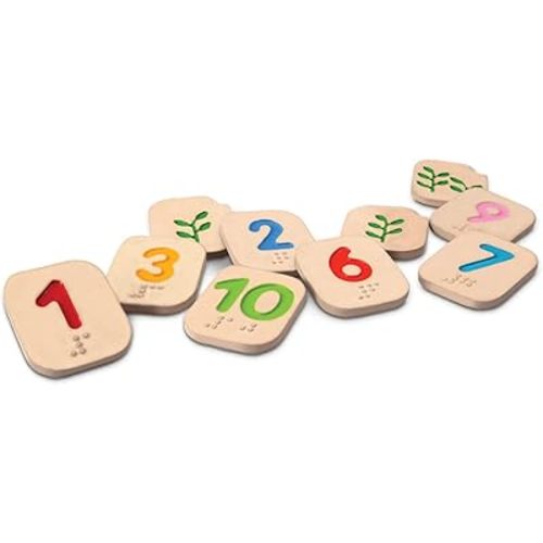 PlanToys Wooden Braille Number Tiles 1-10 (5654) | Sustainably Made from Rubberwood and Non-Toxic Paints and Dyes