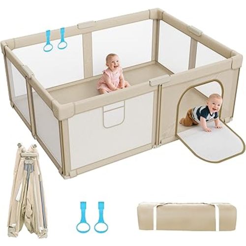Foldable Baby Playpen: 71” x 59” Super Large Playpen for Babies and Toddlers - Portable Play Pen for Babies with Breathable Mesh & 2 Pulling Handle - Baby Play Yard for Outdoor & Indoor