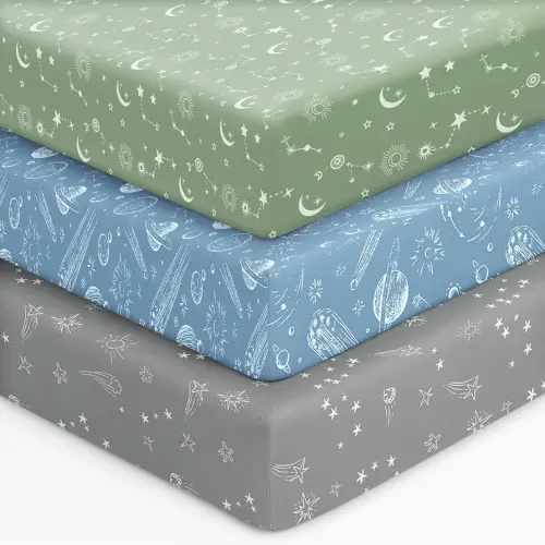 Baby Crib Sheets for Boys Girls, 28x52x8in Fitted Crib Sheet Neutral 3 Pack for Standard Crib and Toddler Mattress, Breathable Soft Microfiber Baby Sheet Green Gray Constellation