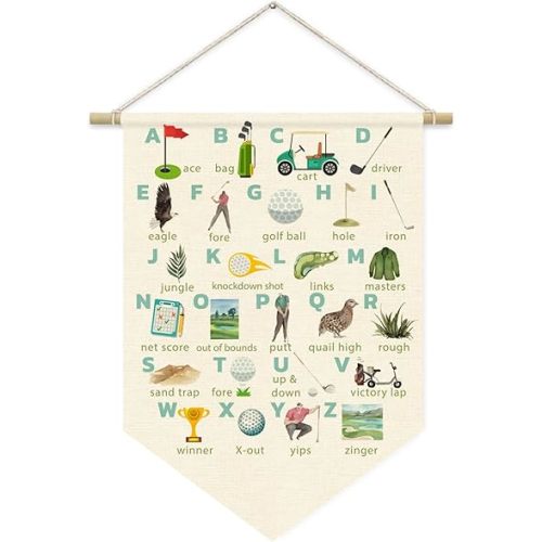 Boy Nursery Decor, Golf Nursery Decor for Boys Room, Classroom Decor Canvas Banner, ABC Letters Nursery Wall Art Canvas Hanging Pennant Flag Banner 15x11in