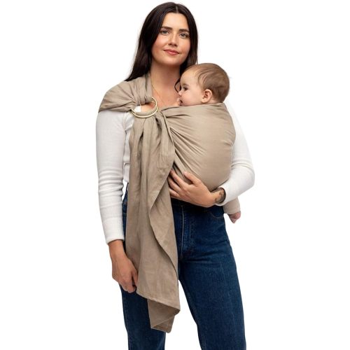 WildBird - Ring Sling Baby Carrier - 0-36 Months (up to 35 lbs) - Standard (74") Desert Lark & Gold Ring - Front, Hip or Back Carry - Adjustable Fit - Natural Linen - Baby Essentials - New Mom Gifts