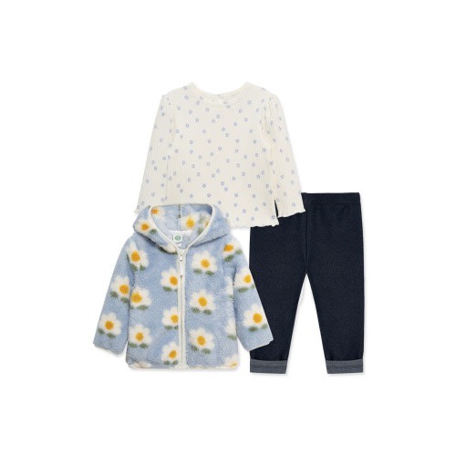 Floral High Pile Fleece Jacket, T-Shirt & Knit Jeans Set