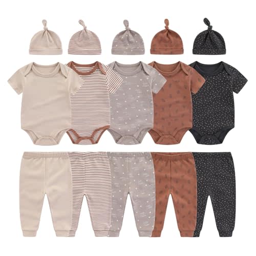BABYSOLIS 0-12 Months Unisex Baby Pants Sets New born Bodysuit and Hats 15 Pack Boy Girl Infant Comfort Outfit Clothes