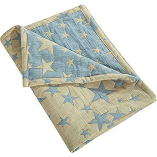 NTBAY 3 Layer Toddler Blanket, Muslin Cotton Jacquard Bed Blankets, Lightweight Thermal Baby Blanket, Super Soft and Warm Crib Blanket for All Seasons, Decoration Gift, 30"x40", Blue and Yellow Star