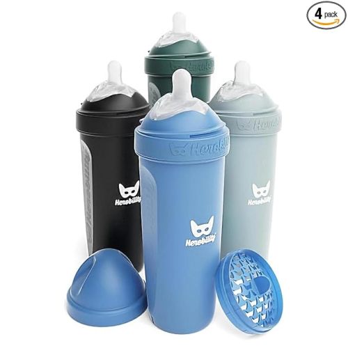 Herobility Anti-Colic Baby Bottles 12 fl oz/340ml - Pack of 4 Plastic Baby Bottles, Fast Flow Plastic Bottles, Breast-Shaped Teat for Breastfed Babies - Multicolor - Denim, Black, Dusky Green, Gray