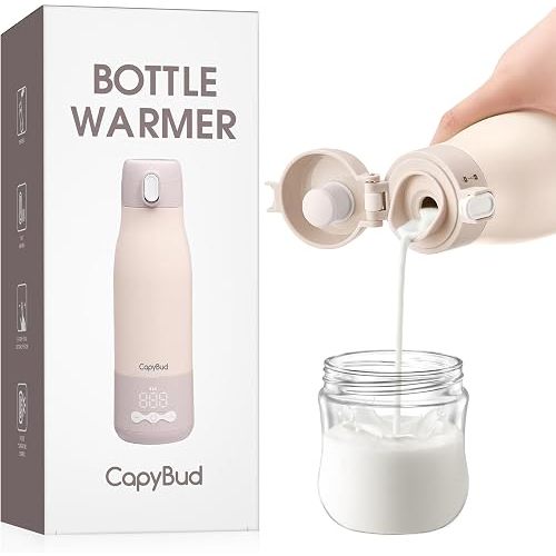 CapyBud Portable Bottle Warmer for Travel, 12 Oz Milk Warmer for Breastmilk Formula Water, 3 Mins Fast Heating, Long Battery Life, 5 Levels Smart Temp Control, Ideal for Night Feeding, Travel, Car