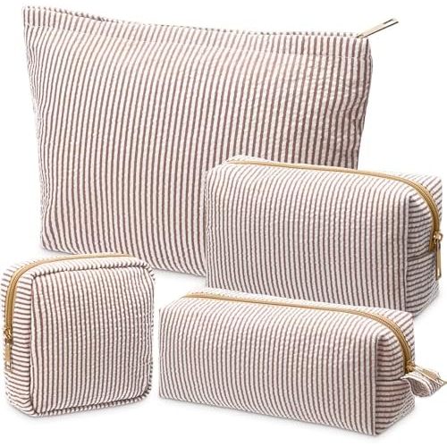 Sanwuta 4 Pcs Seersucker Cosmetic Bag Set Seersucker Makeup Bag Women Stripe Large Travel Toiletry Organizer Aesthetic Preppy Storage Pouch for Embroidery Women Bridesmaid Gifts(Khaki)