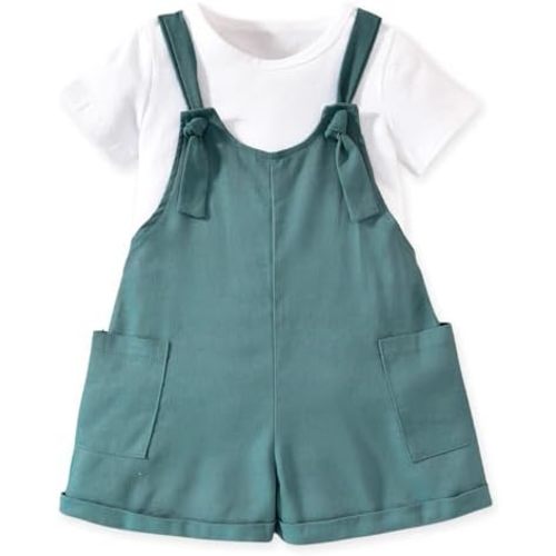 HINTINA Toddler Girl Overall Shorts Set Adjustable Loose Jumpsuit Short Sleeve T-shirt Vacation Summer Outfits with Pockets