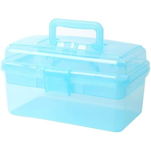 BangQiao Multipurpose Plastic Art and Craft Supply Storage Container Bin Case with Removable Tray and Handle, First Aid Box Organizer, Clear&Blue