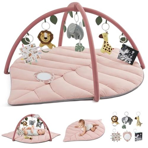 Blissful Diary Baby Play Gym & Activity Mat, Oversize Leaf Shaped Tummy Time Baby Play Mat w 6 Detachable Toys Promotes Motor Skills & Sensory Development, Newborn Infant Essentials Gift, Crystal Pink