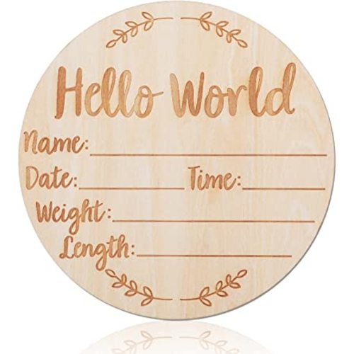 Wooden Hello World Plaque, 5.9 Inch Round Newborn Welcome Sign, Birth Announcement Board for Hospital Photo Prop, Baby Shower, New Parents (Style 2)