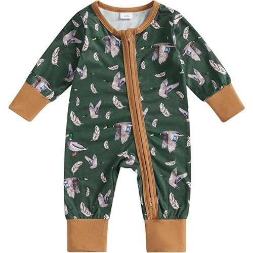Biayxms Infant Baby Boy Girl Mallard Duck Romper Jumpsuit Long Sleeve Zip Up Duck One Piece Overalls Hunting Baby Clothes
