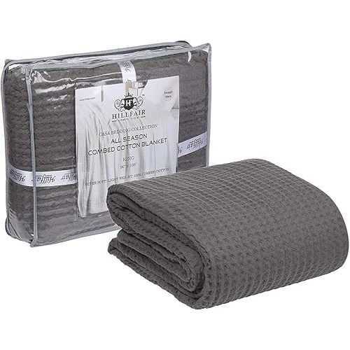 HILLFAIR 100% Combed Cotton Blanket- King Size Bed Blankets- Warm Soft All Season Breathable Lightweight Summer Blankets- Waffle Weave Home Decor Bed Blanket- Grey King Bed Cotton Blankets/Bedcovers