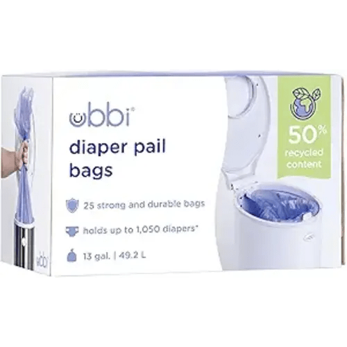 Ubbi Diaper Pail Plastic Bags, 13-Gallon Capacity, Single Pack, 25 Count | Disposable Baby Waste Bags, Made from 50% Recycled Material, Each Bag Holds Up To 50 Newborn Diapers