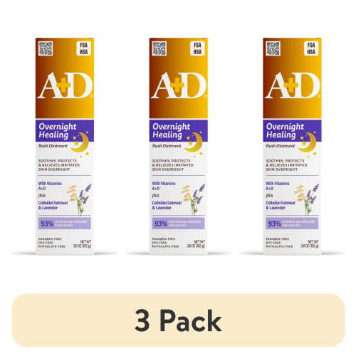 (3 pack) A+D Overnight Healing Diaper Rash Ointment for Baby, Soothes, Protects & Relieves Overnight, 3.6oz