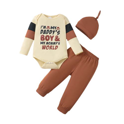 Kucnuzki Newborn Baby Boys Outfit Set 3-6 Months Winter Clothes Long Sleeves Romper Letter Print Pullover Top Solid Color Pants Sets with Hat 3pcs Warm Clothing Apricot
