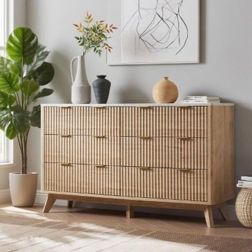 54" Wide Modern Dresser with 6 Drawers, Fluted Chest of Drawers with Faux Marble Top, Wood Drawer Organizer for Bedroom, Living Room, Beige