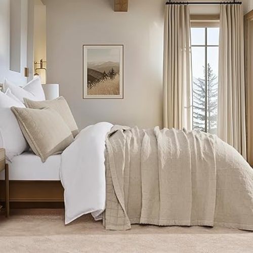 Stonewashed Cotton Quilt Set Queen Size, Ultra Soft Oversized Bedspread Coverlet Set, Lightweight Crinkle Box Stitch Bedding Sets for All Season, with 2 Matching Shams, Flax Beige