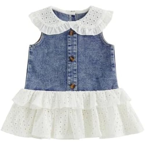 Toddler Girl Bow Denim Dresses Infant Baby Summer Sundress Solid Color Ruffle Trim Sleeveless Tank Dress