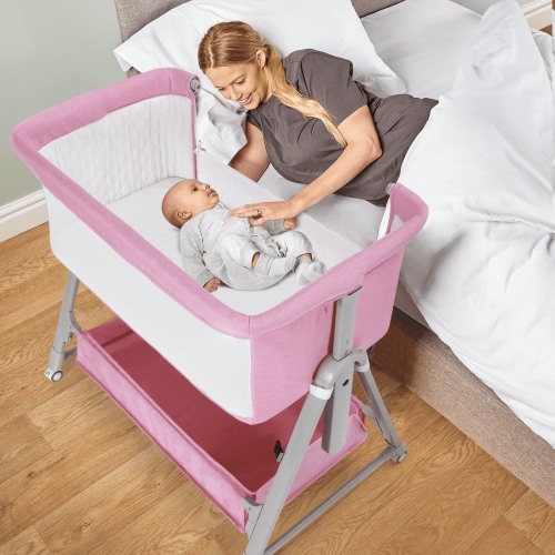 Cowiewie Baby Bassinet Bedside Portable Bassinet with Wheels Storage Travel Bag, for 0-6 Months, Pink