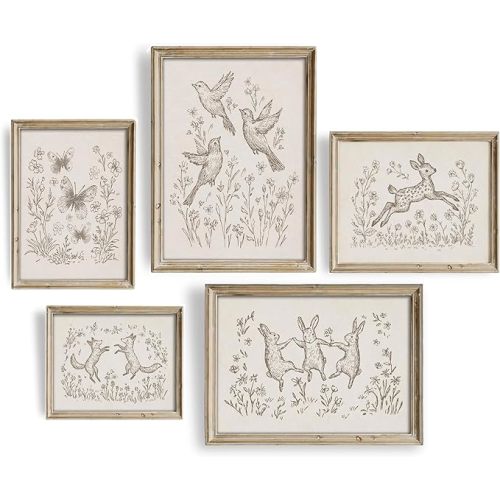 5Pcs Vintage Woodland Animals Nursery Wall Art Cute Fox Bunny Deer and Butterfly Pictures Wall Decor Cottagecore Neutral Farmhouse Children Poster Painting Print for Kids Babys Room Grils Bedroom