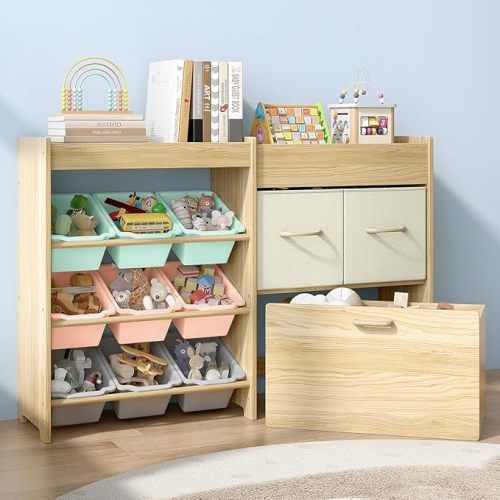Toy Storage Organizer for Kids, 9-Bin Toy Organizer with 2-Drawers, Movable Toy Chest and Top Rack, Multifunctional Kids Bookshelf and Toy Storage for Playroom, Bedroom, Nursery, White