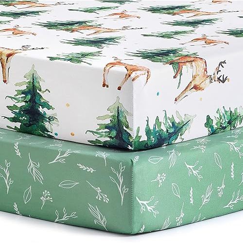 Pack n Play Sheets, BROLEX 2 Pack Mini Crib Sheets,Stretchy Portable Fitted Playard Sheet Set, Convertible Playard Mattress Cover,Ultra Soft Breathable Material,Sika Deer & Foliage