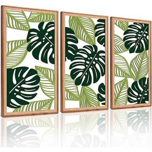 TOARTi 3PCS Framed Tropical Green Leaf Wooden Wall Art Set(16x32 inches), Botanical Palm Leaves Wall Sculptures, 3D Hollow Abstract Nature Wall Decor for Home Bedroom Living Room