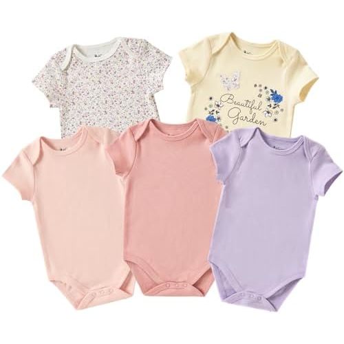 Baby Boy Girl 5-pack Short Sleeve Bodysuit, Newborn Summer Outfit Infant Cotton Clothes for 0-9 Months