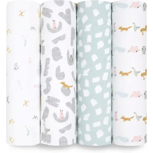 aden + anais Essentials Swaddle Blanket, Boutique Muslin Blankets for Girls & Boys, Baby Receiving Swaddles, Ideal Newborn & Infant Swaddling Set, Perfect Shower Gifts, 4 Pack, Alphabet Animals