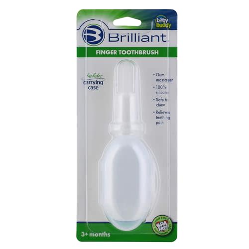 Brilliant Baby Finger Toothbrush with Case, 3 Months Old and Up, Soft Silicone Gum Massager and Teether Brush for Babies and Toddlers, Newborn Mouth Cleaning Essentials, Teething Relief, Clear