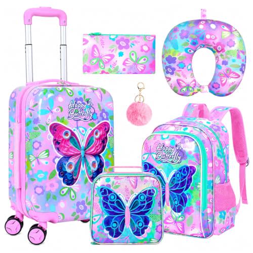 CCJPX 5Pcs Kids Luggage Set, 16" Girls Travel Suitcase with Spinner Wheels, Butterfly Hardside Carry on Toddler Rolling Suitcase Airline Approved（Pink）