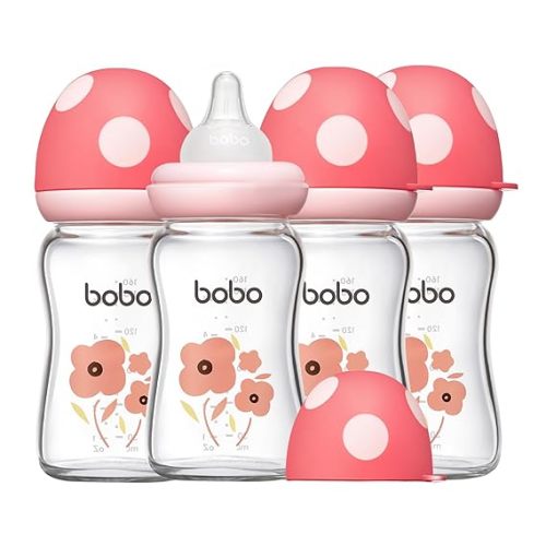YOHKOH Natural Glass Baby Bottle with Level 1 Slow Flow Nipple, Newborn Anti-Colic Baby Bottles, Wide Neck Mushroom Baby Glass Bottle ((5.4oz (Pack of 4), Red-1)
