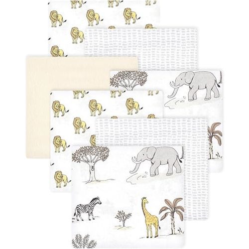 Little Treasure Hudson Baby Cotton Poly Flannel Receiving Blankets Multipack, White Neutral Safari World, 30x30 inches