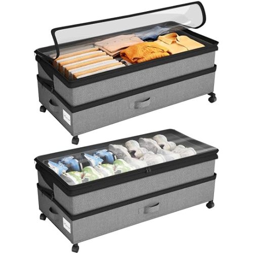 Kitstorack Under Bed Storage with Wheels 2Pack Height-adjustable Under Bed Storage Containers,Under Bed Shoe Storage Organizer with Clear Window&Label, Suitable for Clothes Storage, Gray