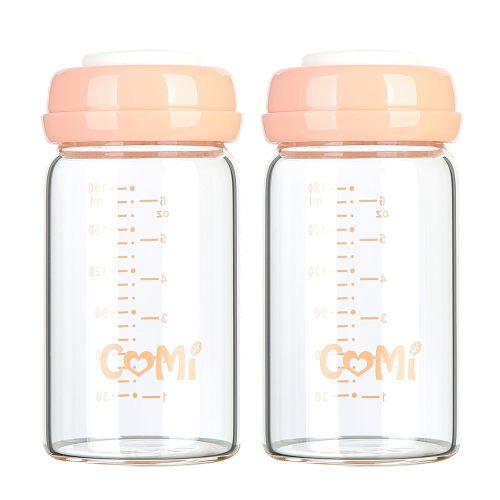 Wide Neck Baby Bottle,Glass Breastmilk Storage Bottles,6oz with Screw Ring Sealing Disk,BPA Free, Fits Breast Pumps & Nipples,2 Pink Lids