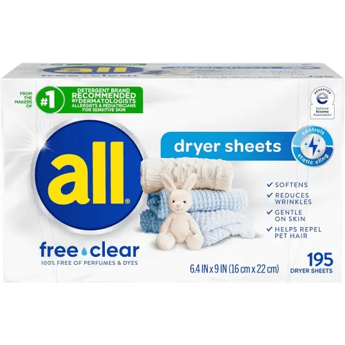 all Fabric Softener Dryer Sheets for Sensitive Skin, Free Clear, 195 Count