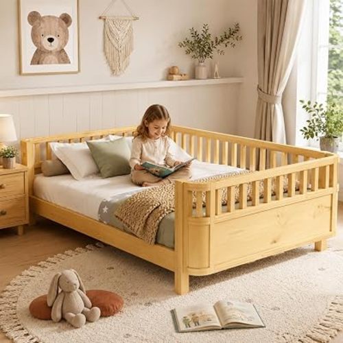 Montessori Bed Full, Low Profile Kids Full Size Bed Frame with Rails, Wood Montessori Floor Bed Full with slats for Girls & Boys, No Spring Box Required, No Squeaks, Natural