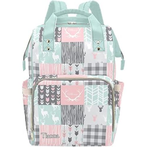 Antlers Deer Elk Feather Arrow Patchwork Diaper Bags with Name Waterproof Mummy Backpack Nappy Nursing Baby Bags Gifts Tote Bag for Women
