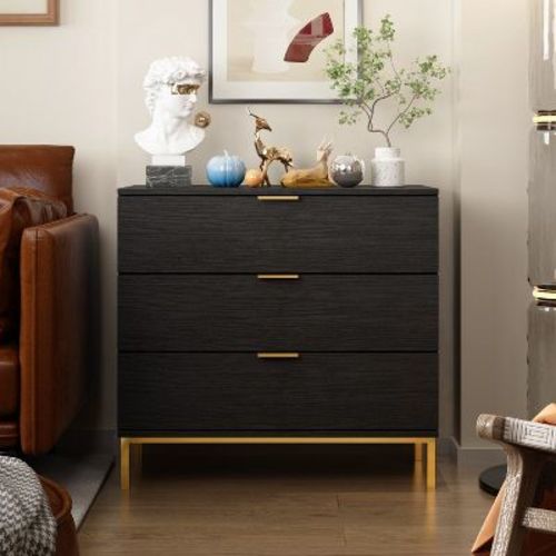 FUFU&GAGA Black Nightstand Bedside Dresser Storage with 3 Drawers and Metal Feet