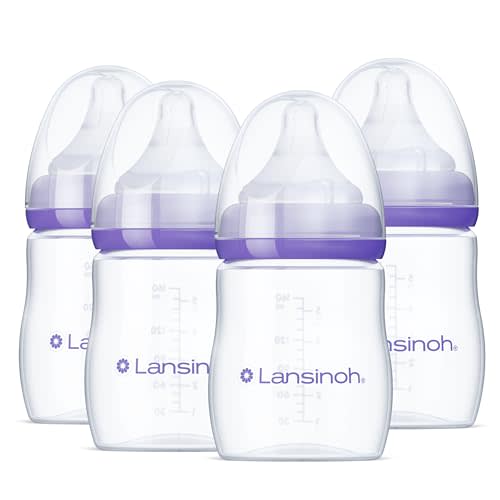 Lansinoh Anti-Colic Baby Bottles for Breastfeeding Babies, 5 Ounces, 4 Count, Includes 4 Extra Slow Flow Nipples, Size XS